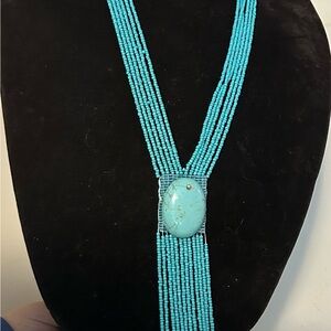 Turquoise Beaded Multi-Strand Necklace with Stone Pendant